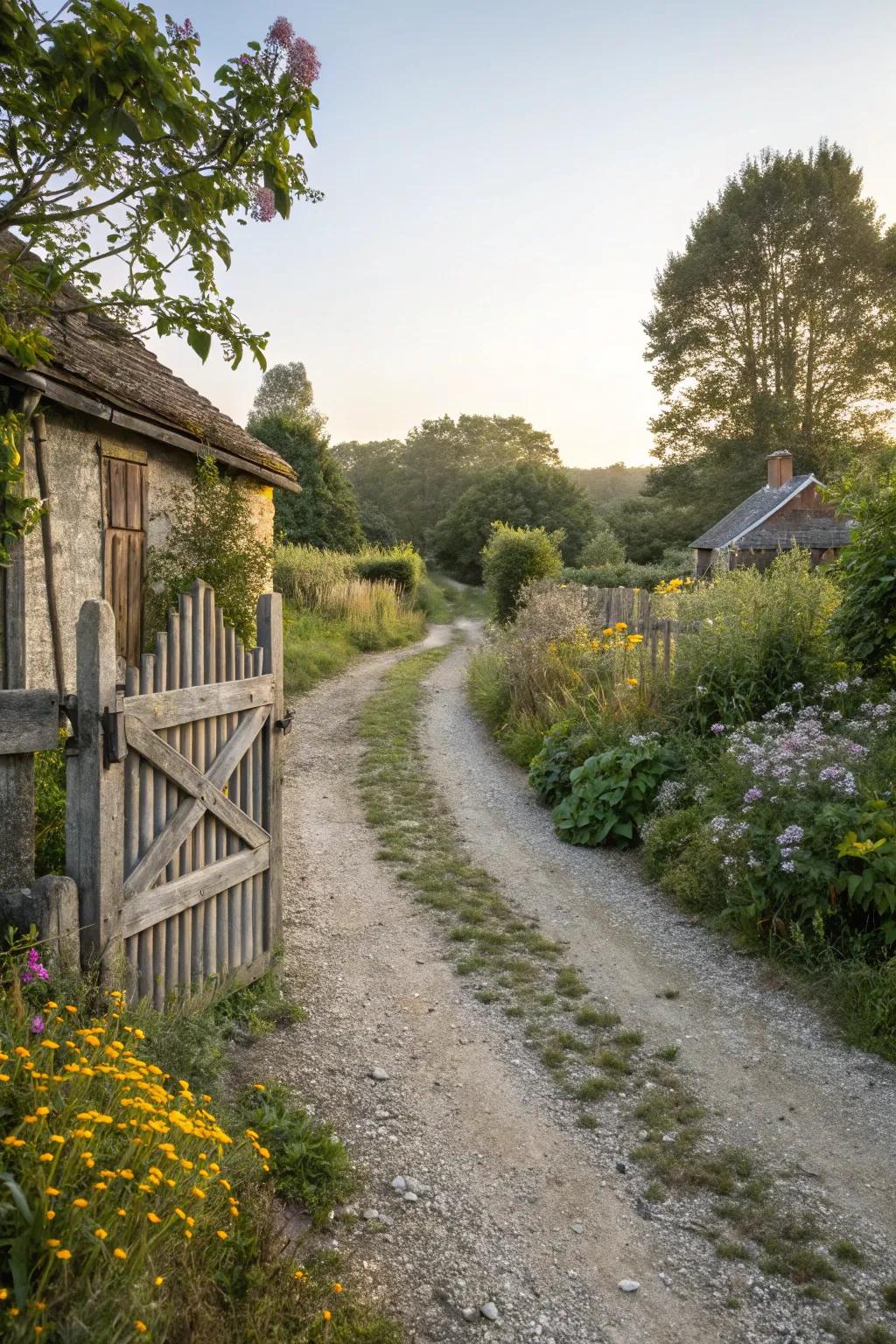 An attractive rustic farmhouse driveway featuring natural elements.