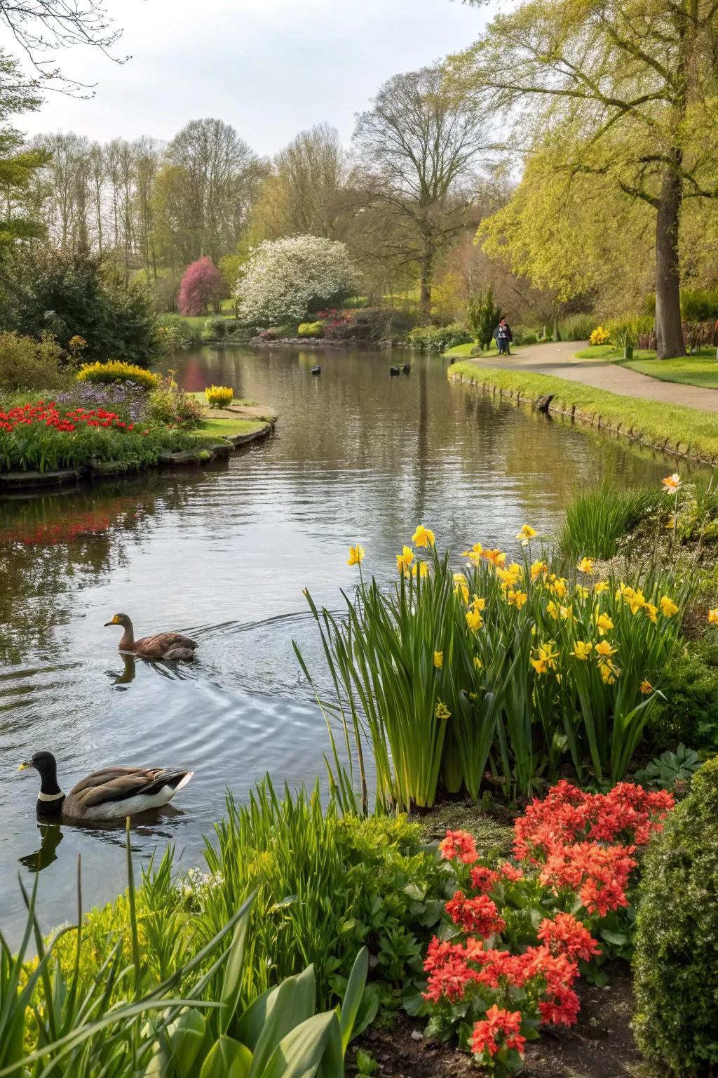 Changing designs contribute energetic shade and texture to pond surroundings.