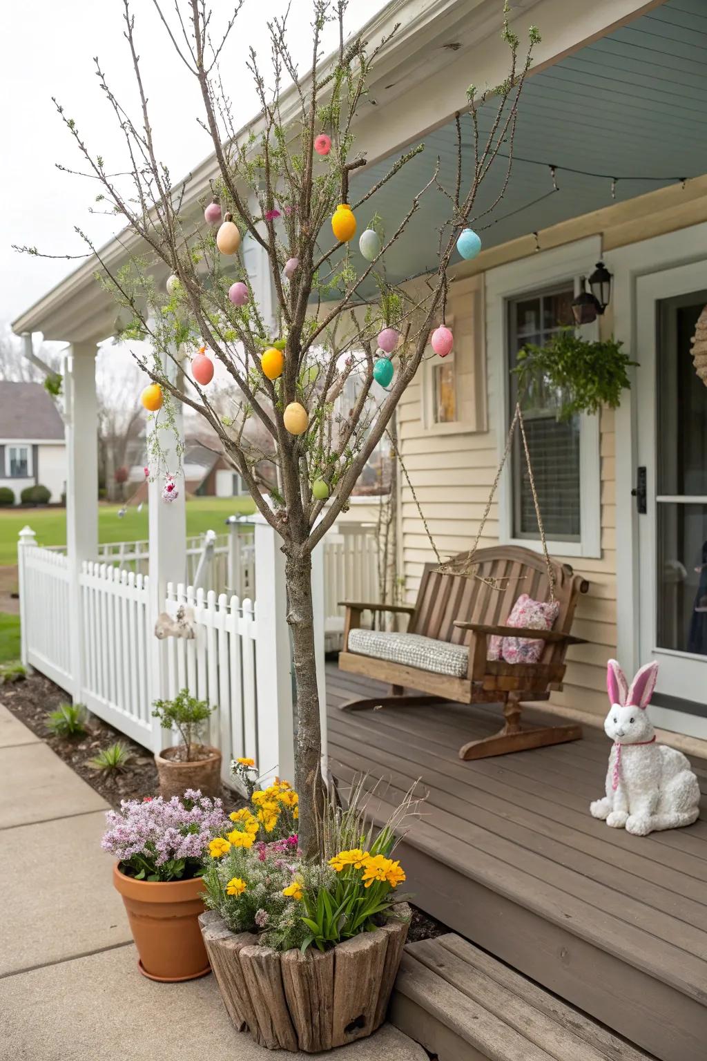An Easter tree serves as a captivating porch centerpiece.