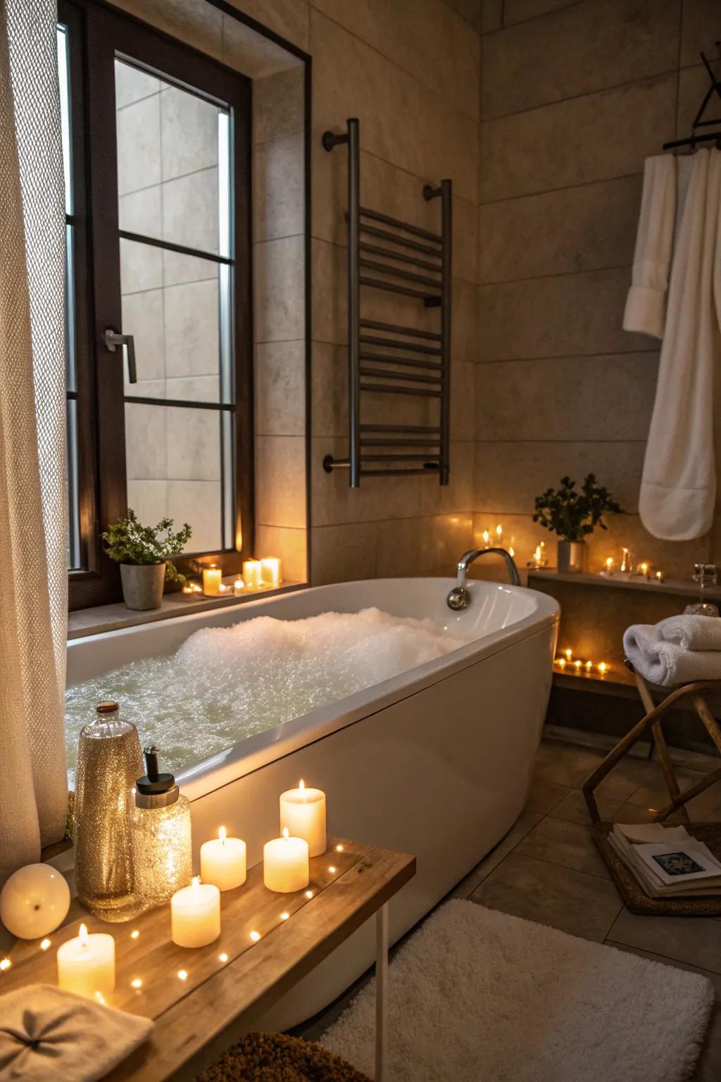 Hidden lighting creates a relaxing ambiance in this elegant bathroom.