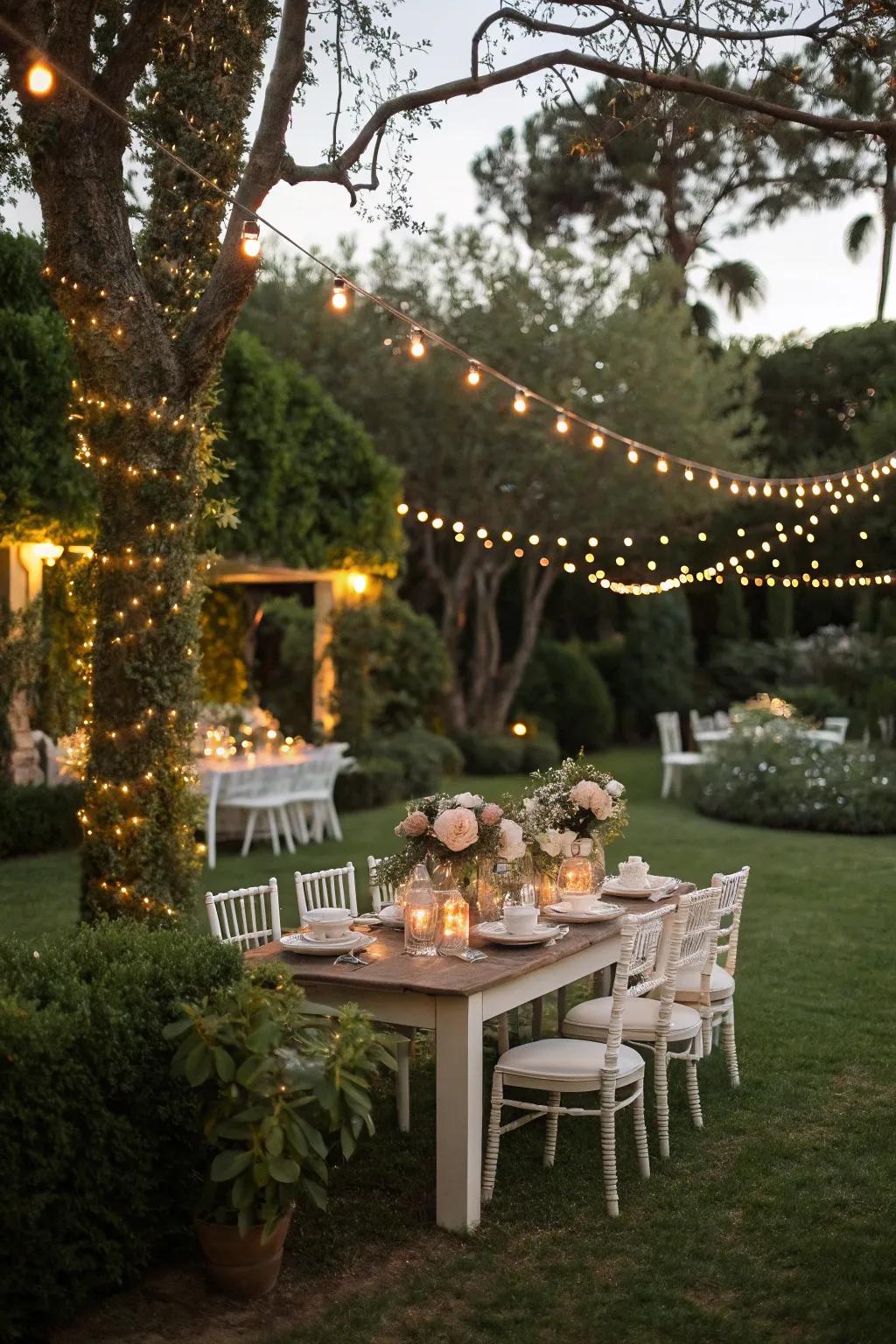 A garden party setup that creates a magical and elegant atmosphere.