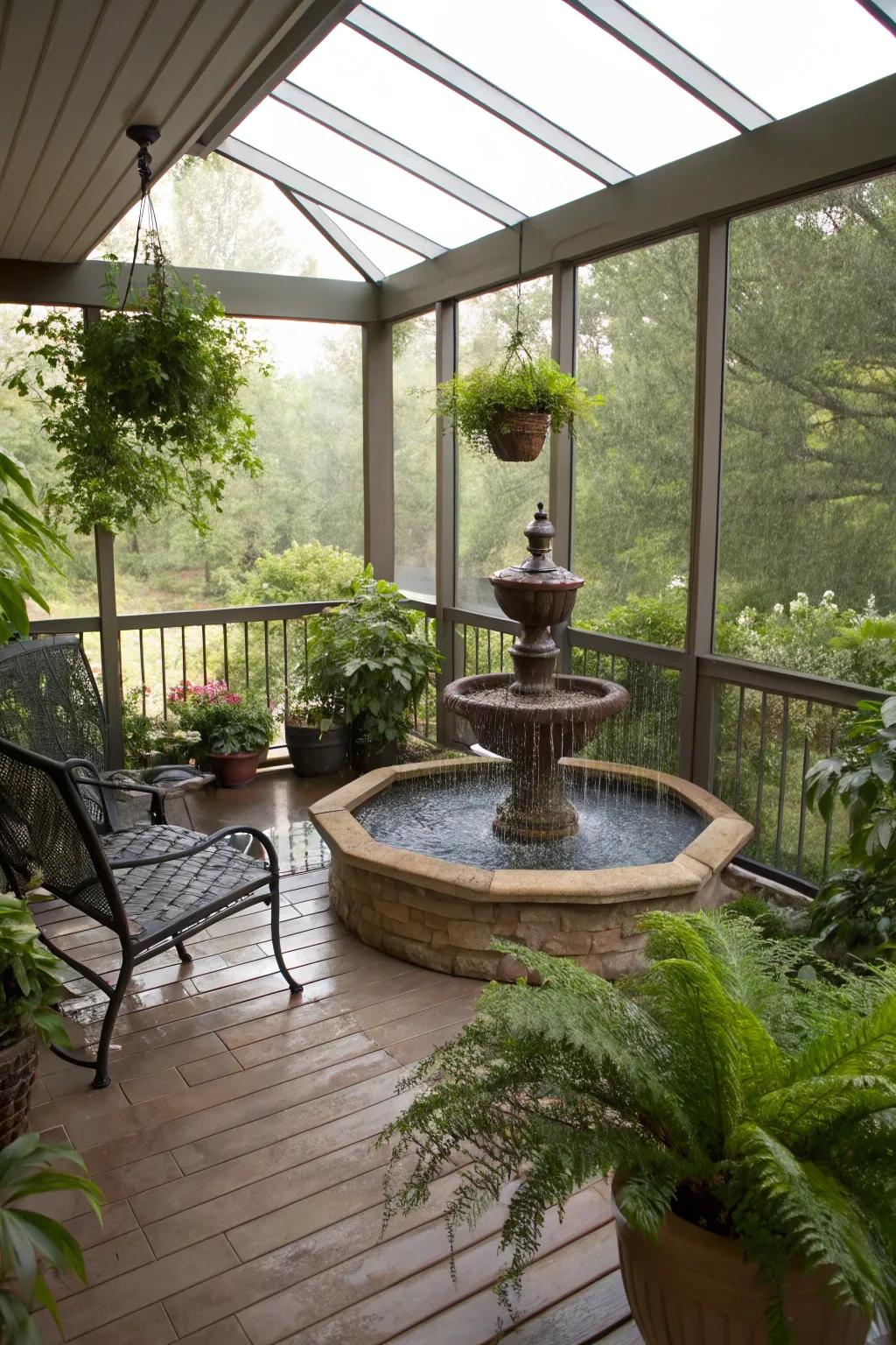 A calming water feature enhancing an enclosed deck.