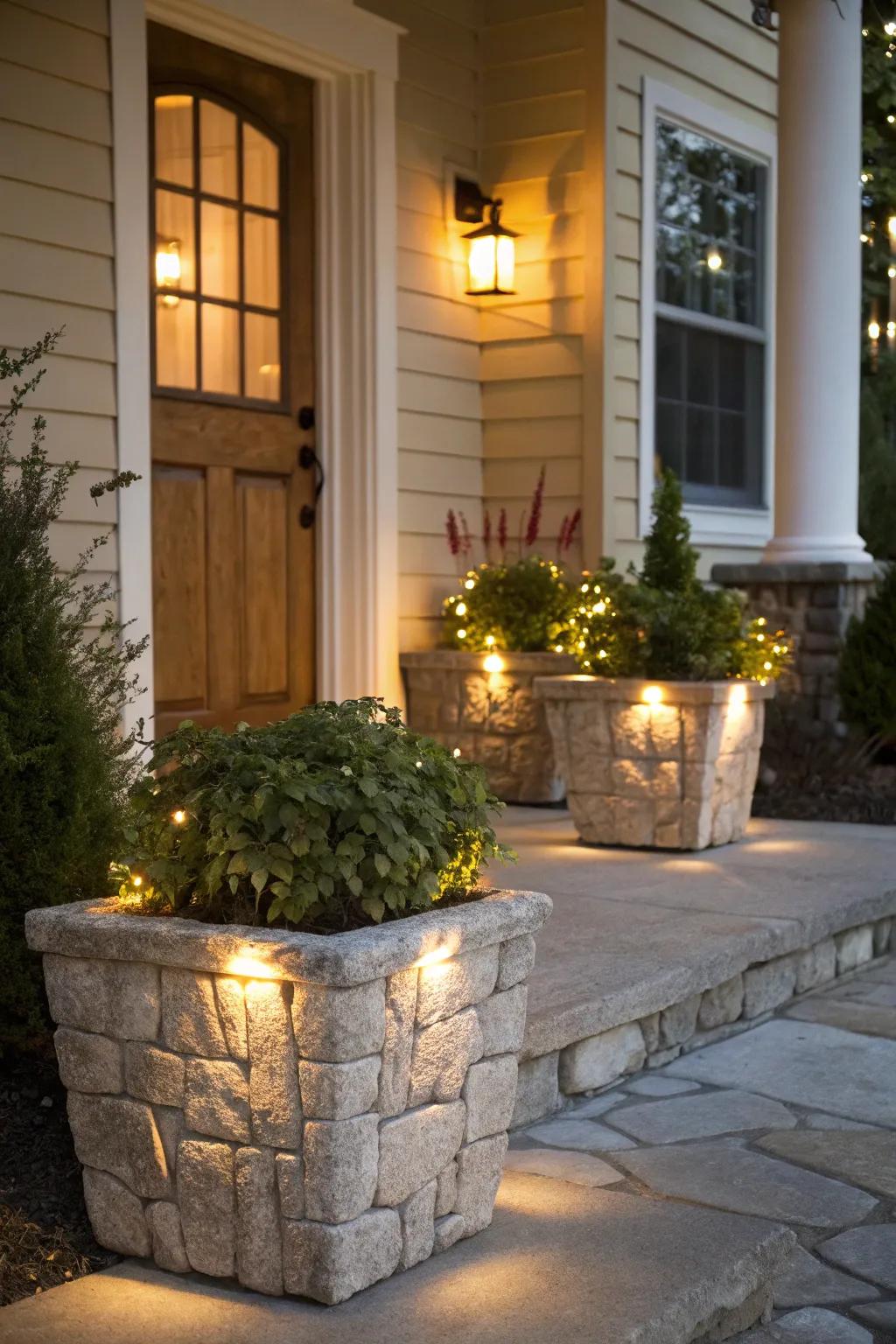 Dual-purpose rock beds complete with luminaries that enhance the porch's ambiance.