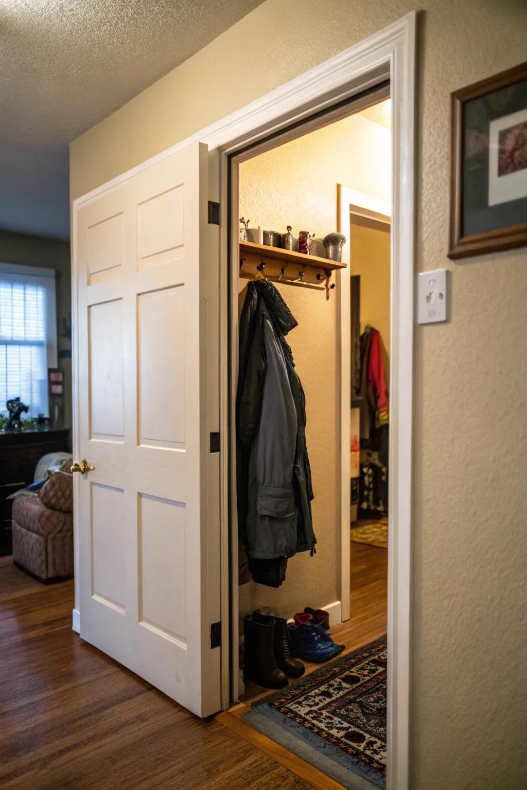 Conceal outerwear with a gliding door for a streamlined entryway.