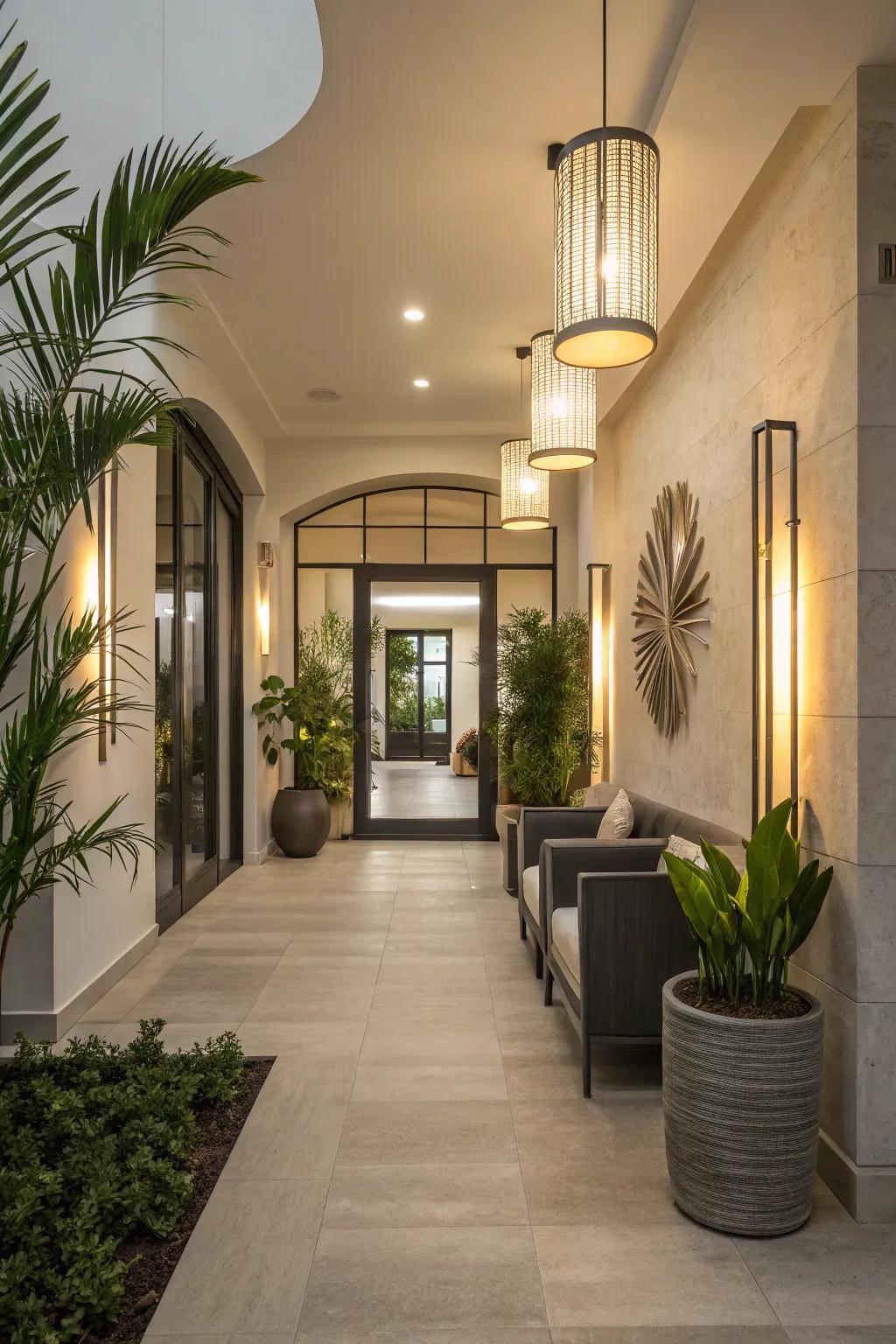 Green LED lighting apparatuses provide sustainable style in this entryway.