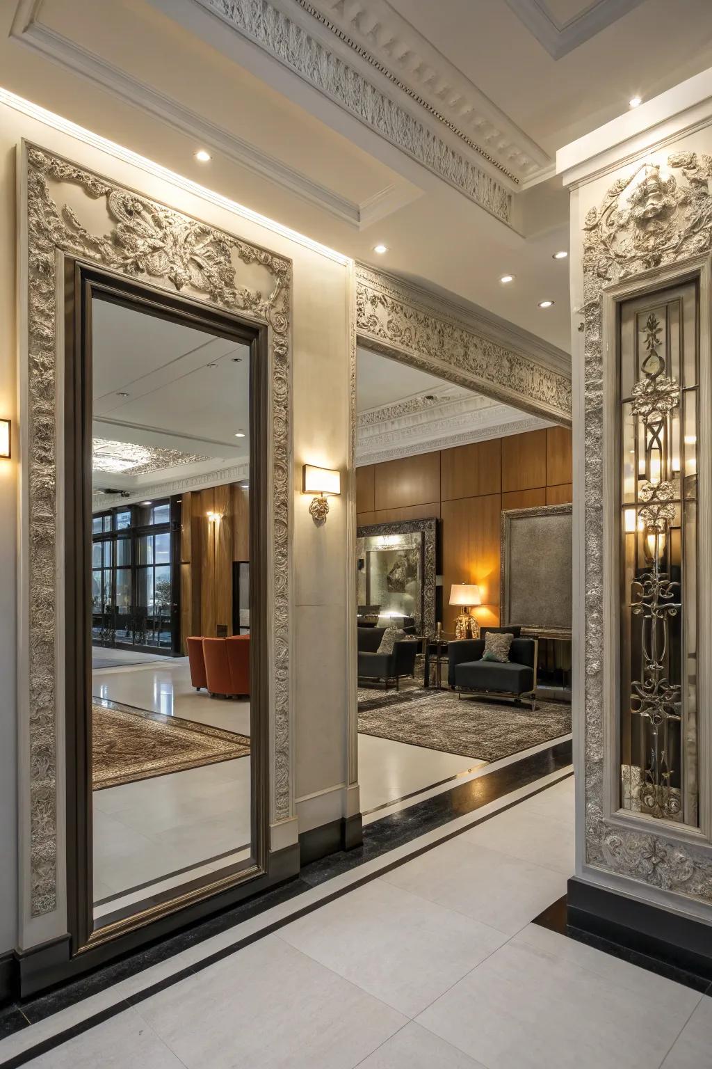 Mirrors and trimwork together create a sense of openness.