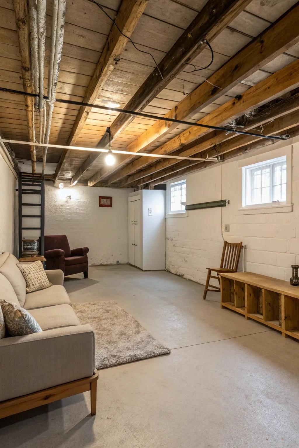 A simple yet charming basement with an untouched overhead.
