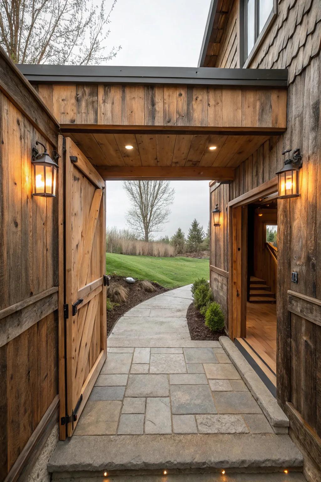 Rustic wooden accents add warmth and charm to your entrance.