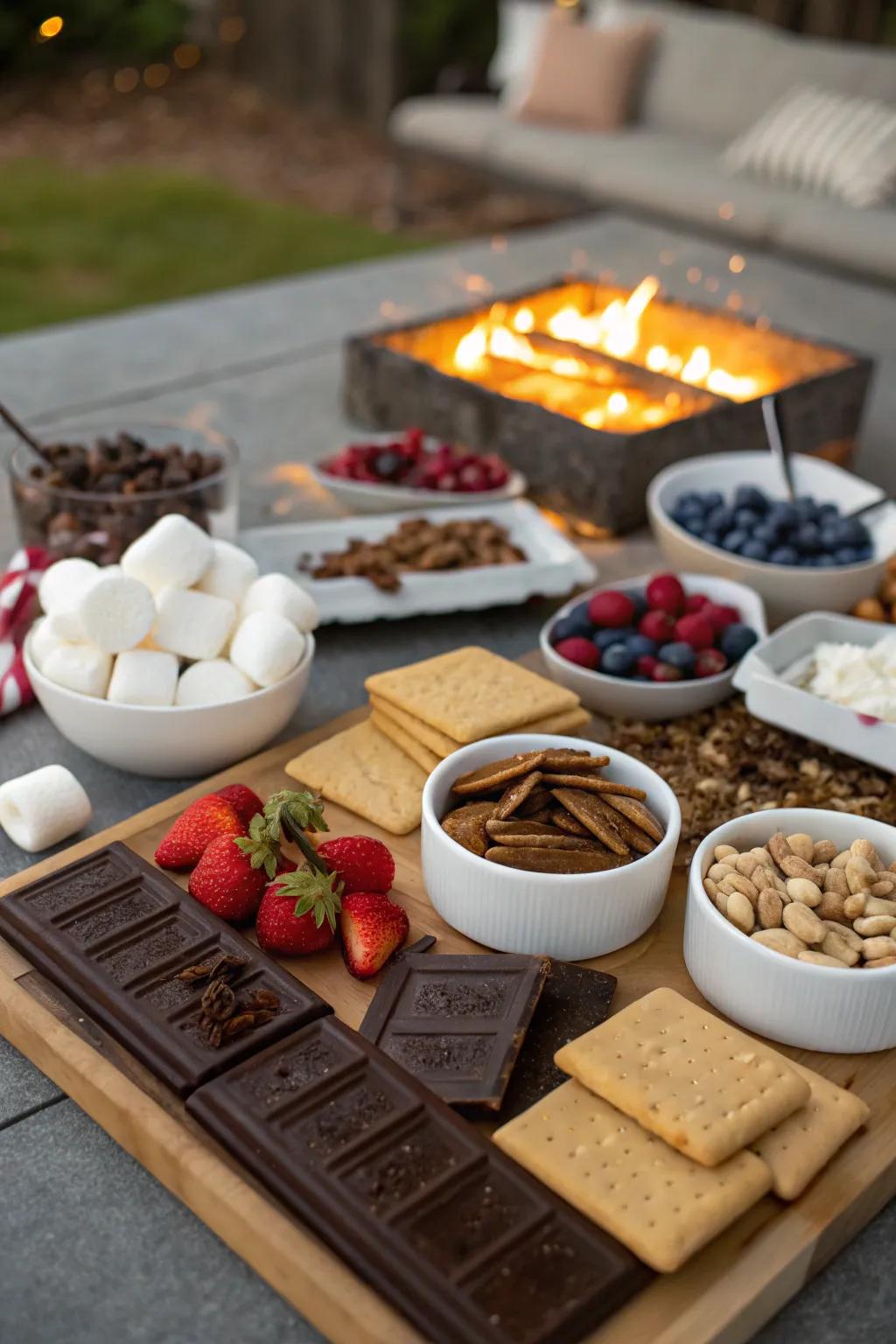 An enticing custom s'mores bar with endless possibilities.