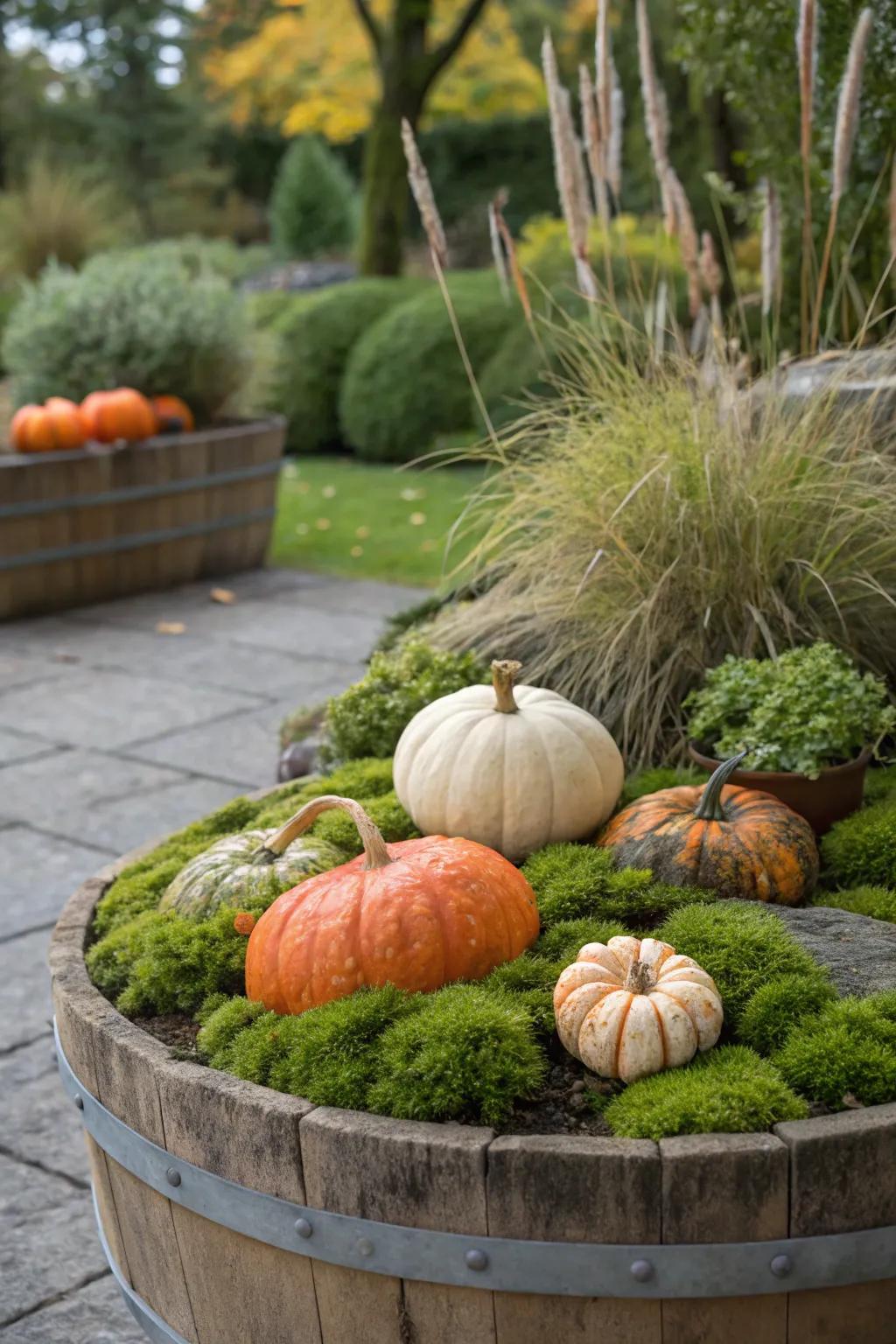 A ground moss layer delivers a lavish, earthy groundwork for squashes.