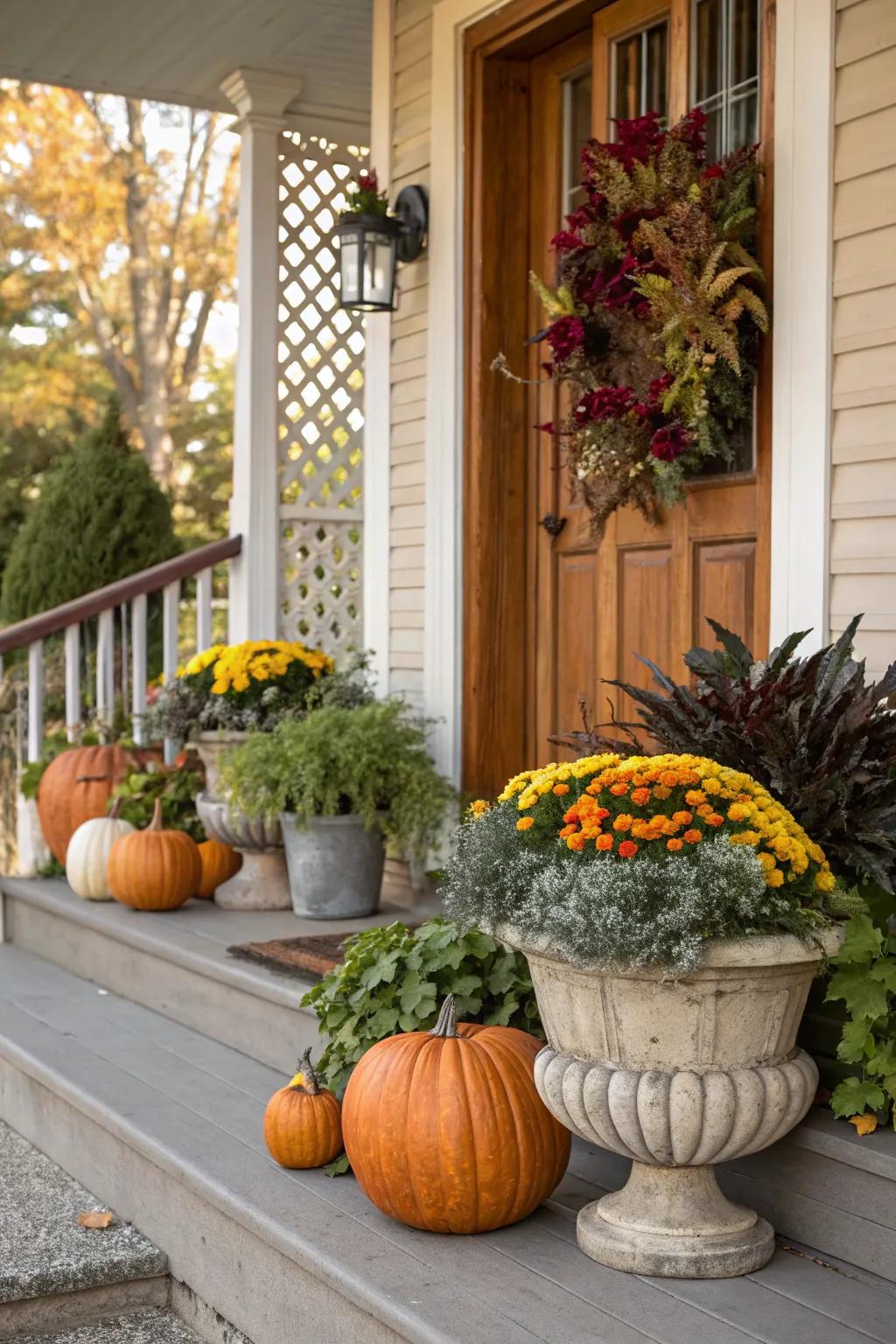 Repurposed planters filled with seasonal foliage give a fresh fall look.