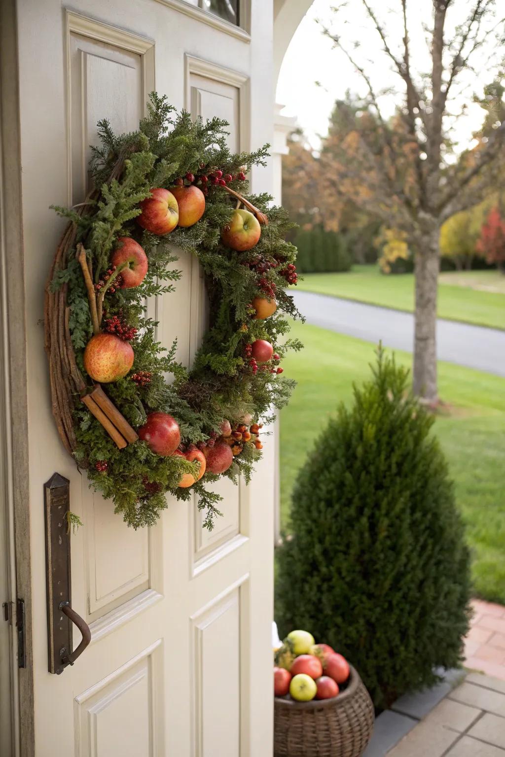 Pomaceous fruits and cinnamon fashion a delightful and fragrant wreath.