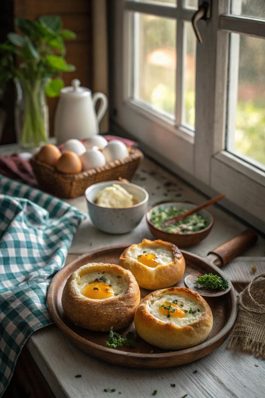 Eggs in a bread pot offer a cozy and personal breakfast experience.