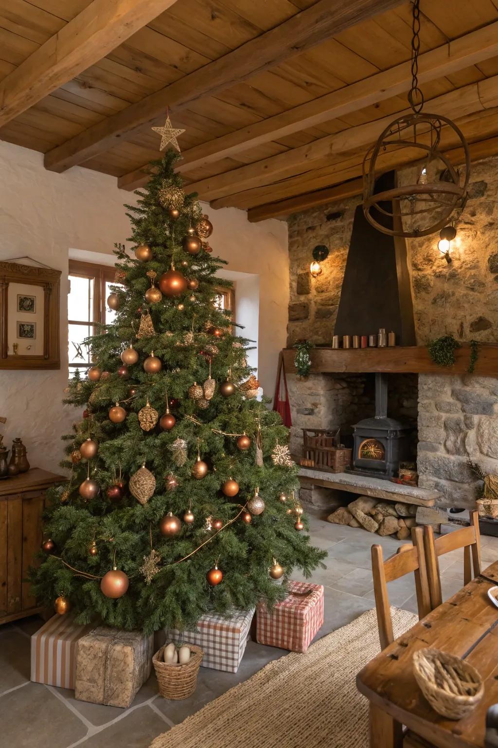 Copper and bronze decorations introduce a subtle shine to this farmhouse tree.