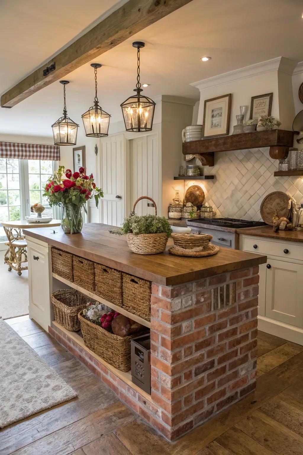 Brick accents create a rustic and grounded aesthetic in the farmhouse kitchen.