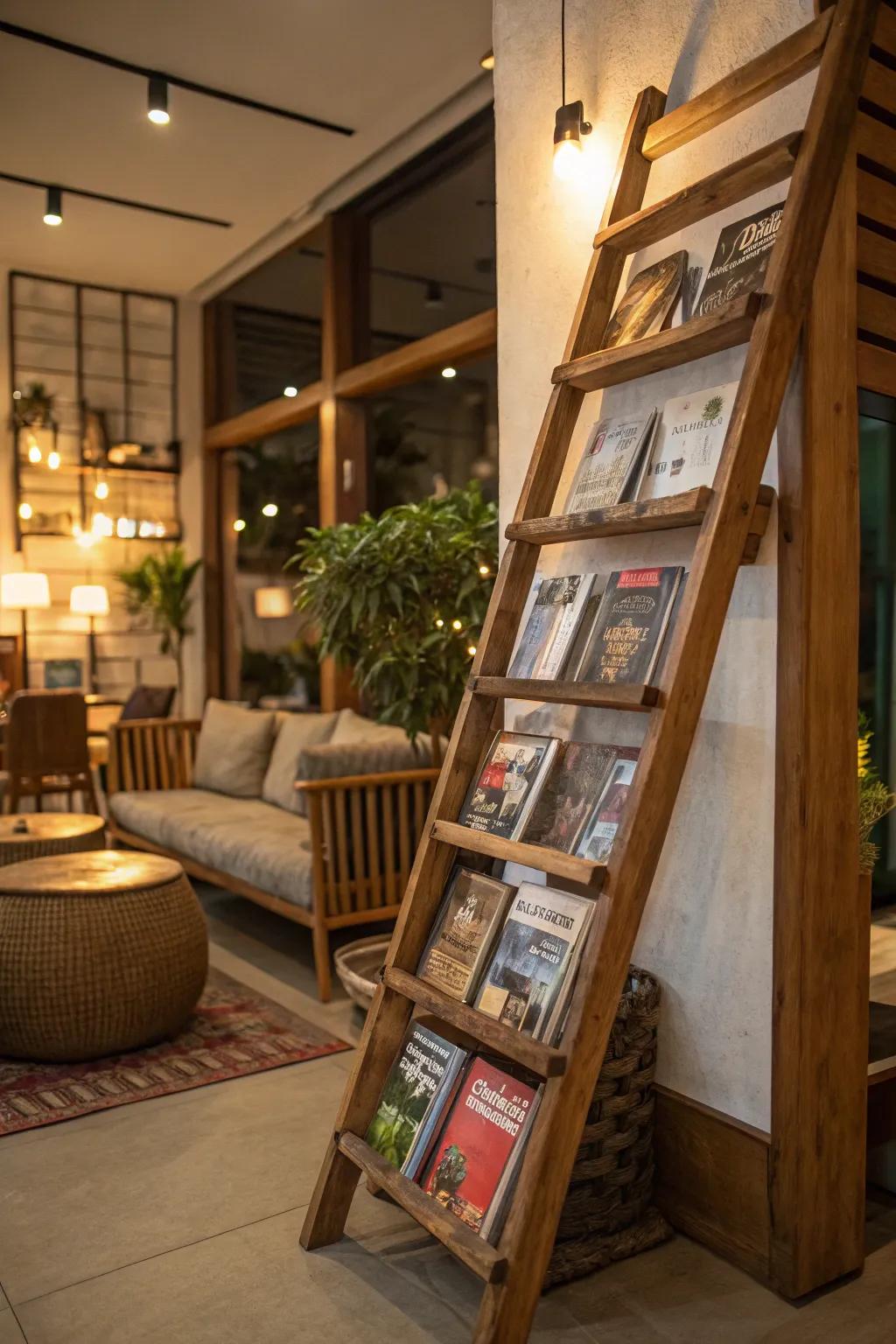 Magazine rack display with a rustic ladder