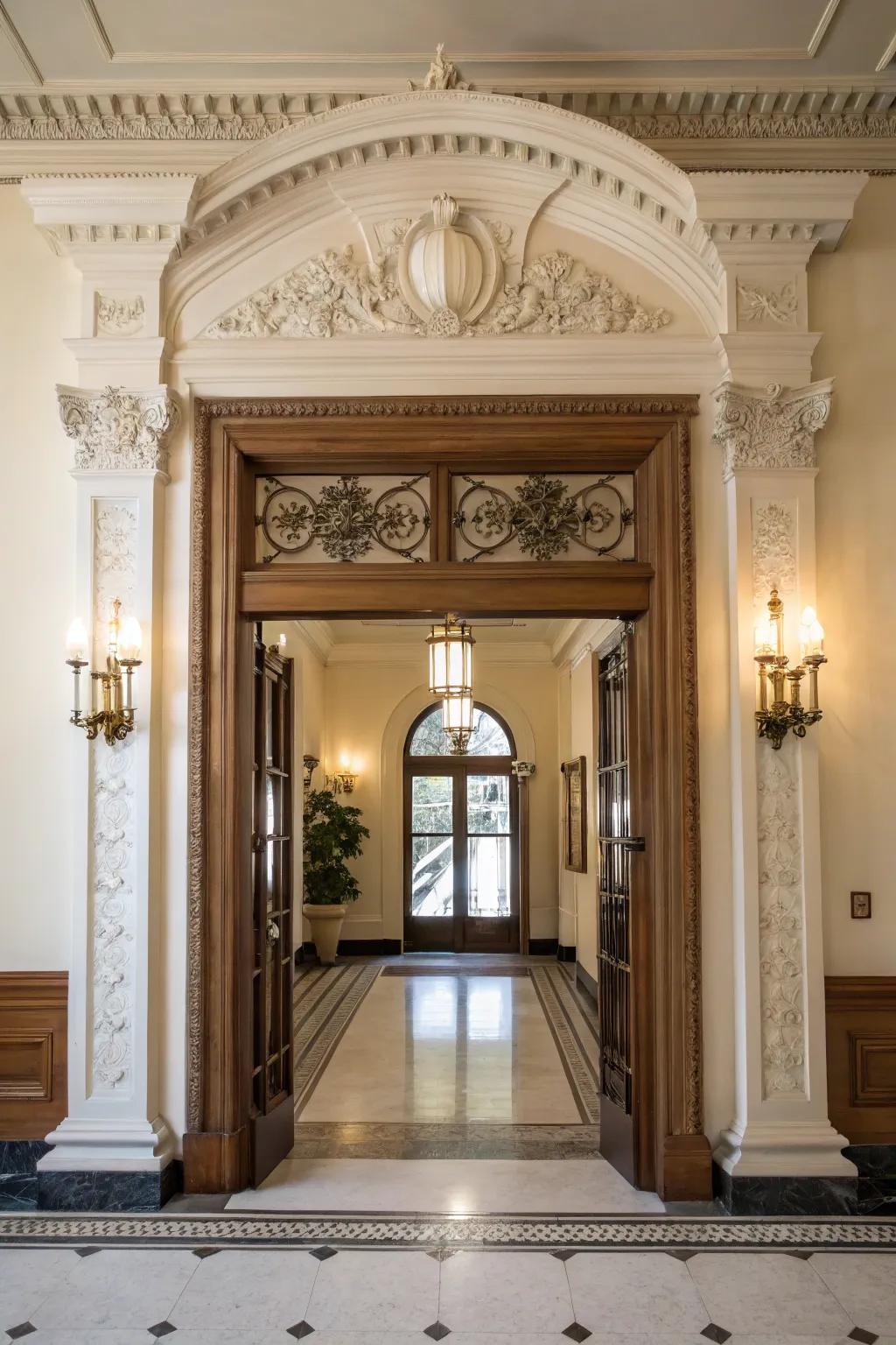 Grand entryways thanks to simulated ornate molding.