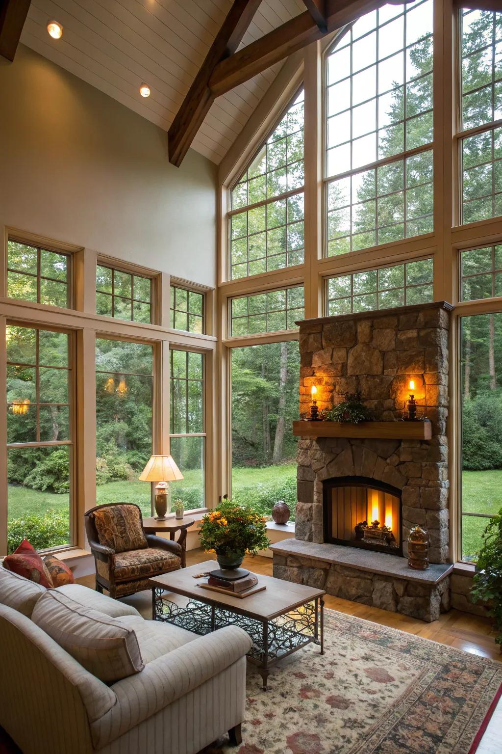 The garden vista enhances the calming atmosphere of the room.