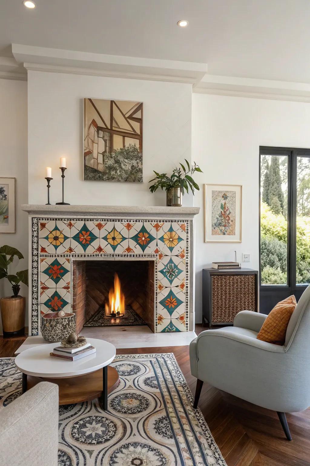 Geometric patterns bring a modern artistic touch to your fireplace.