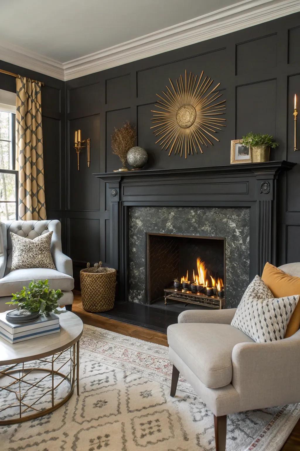 A chic living space showcasing a fireplace accented with a daring pigment hue.