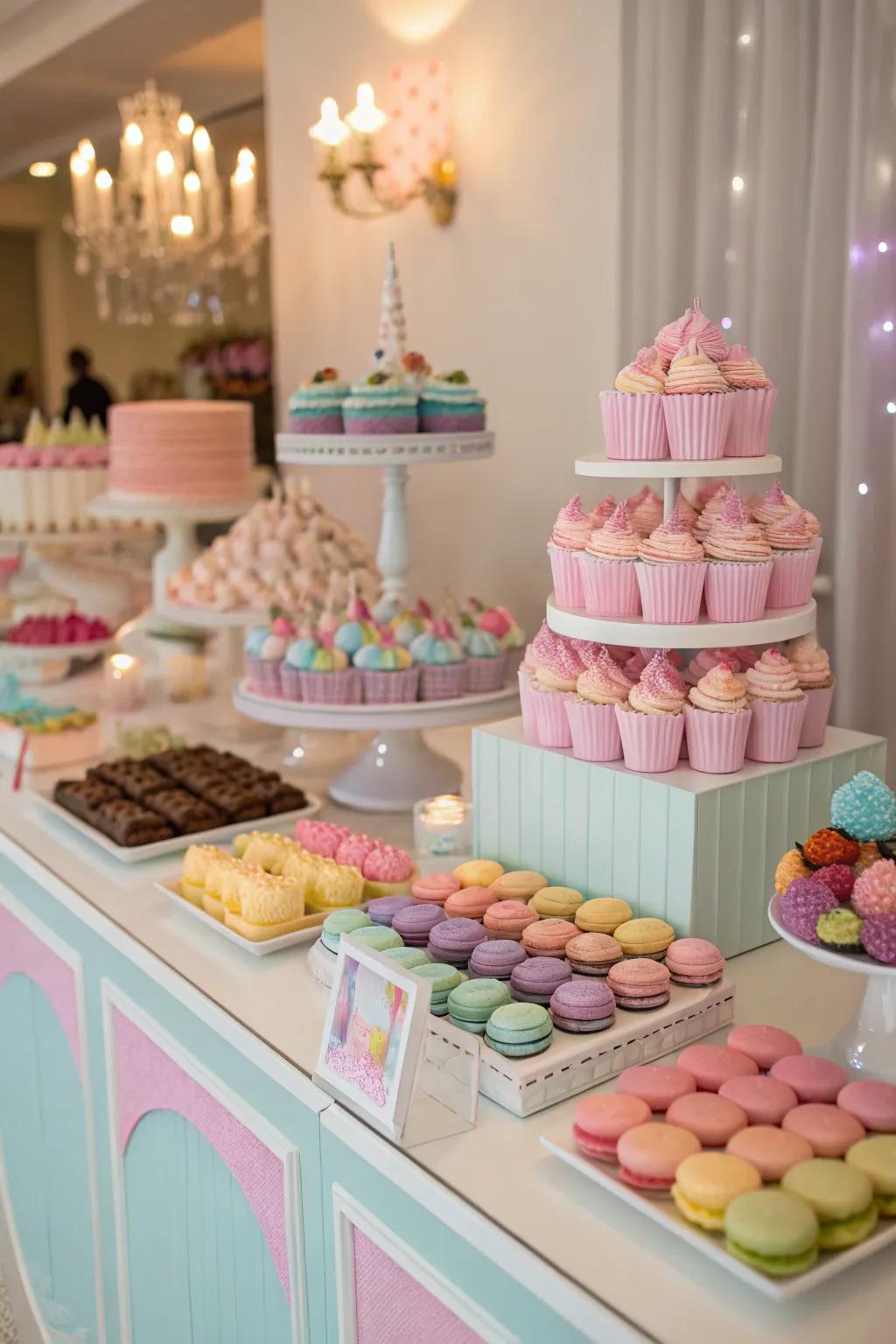 An appealing treats bar showcases delights coordinating with the party's main palette.