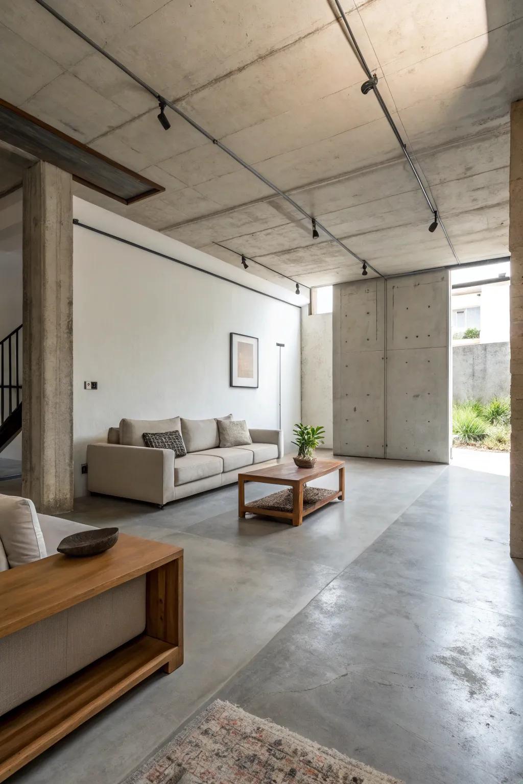 Concrete floors feature a sleek, minimalist style for modern interiors.