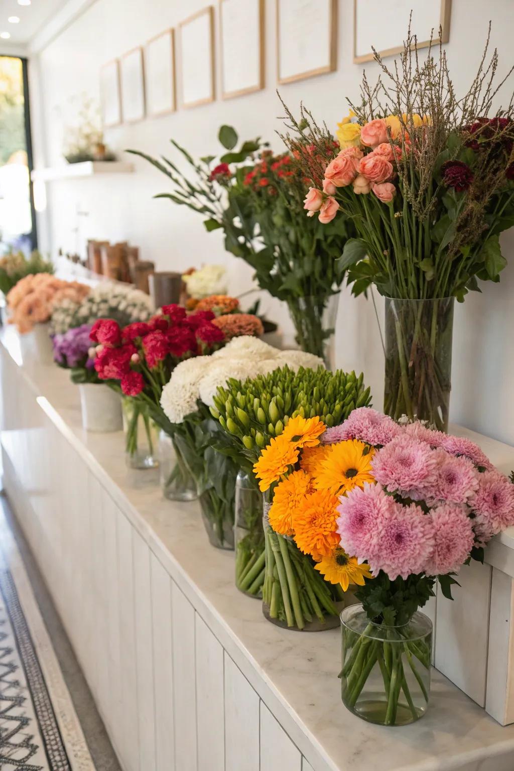 Seasonal flowers assure lively and fresh designs.