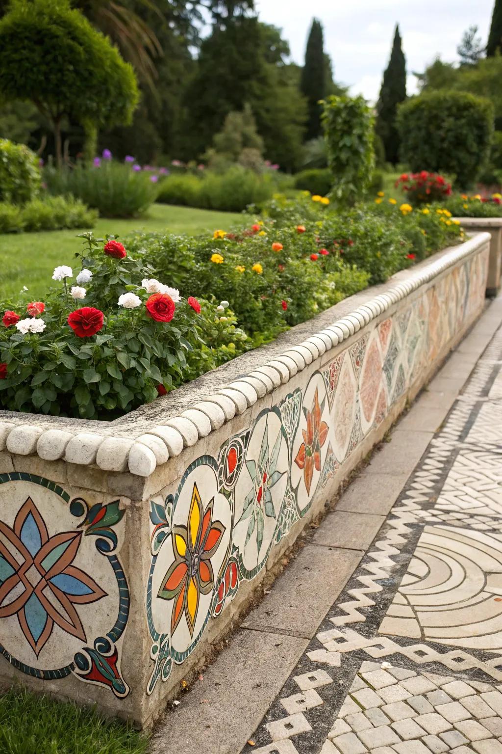 Patterned stones establish a colorful and artistic border for flower patches.