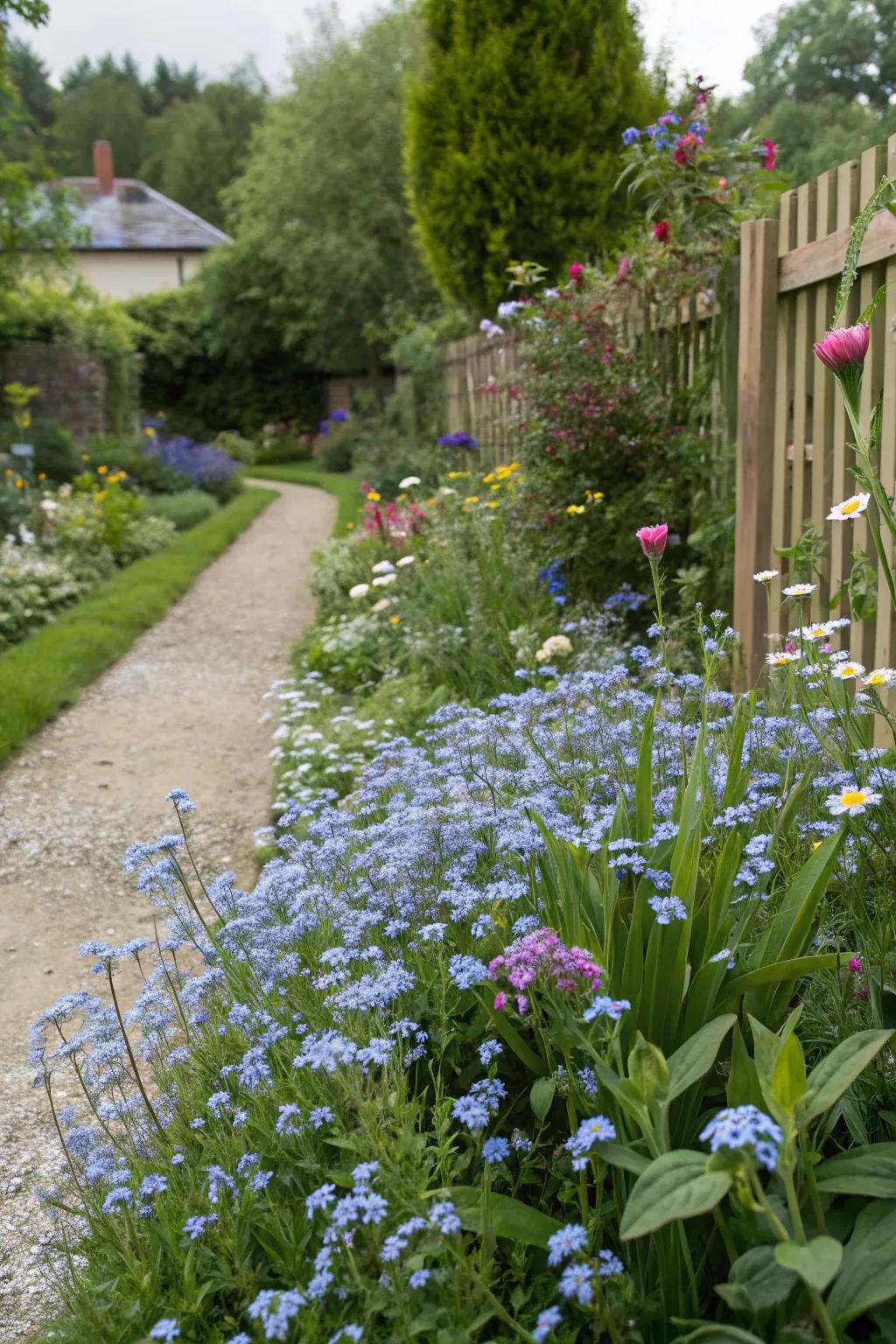Homestead garden aesthetic with forget-me-nots exudes informal charm.