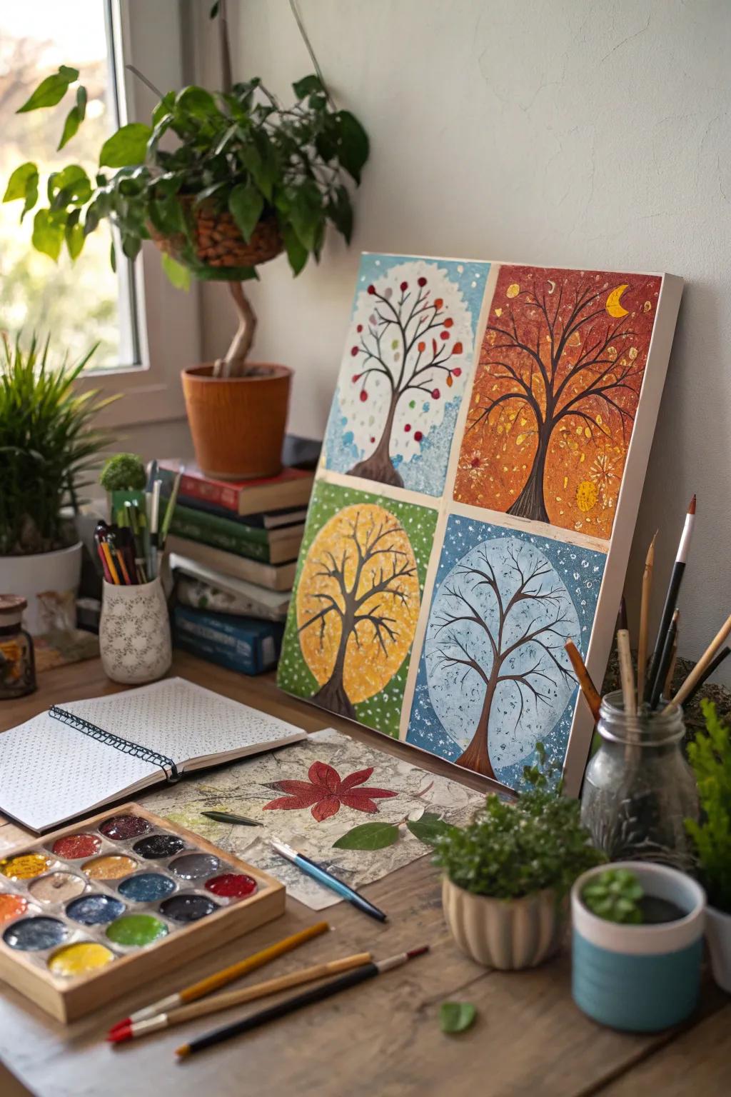 A mosaic-inspired painting creatively depicting the four seasons.