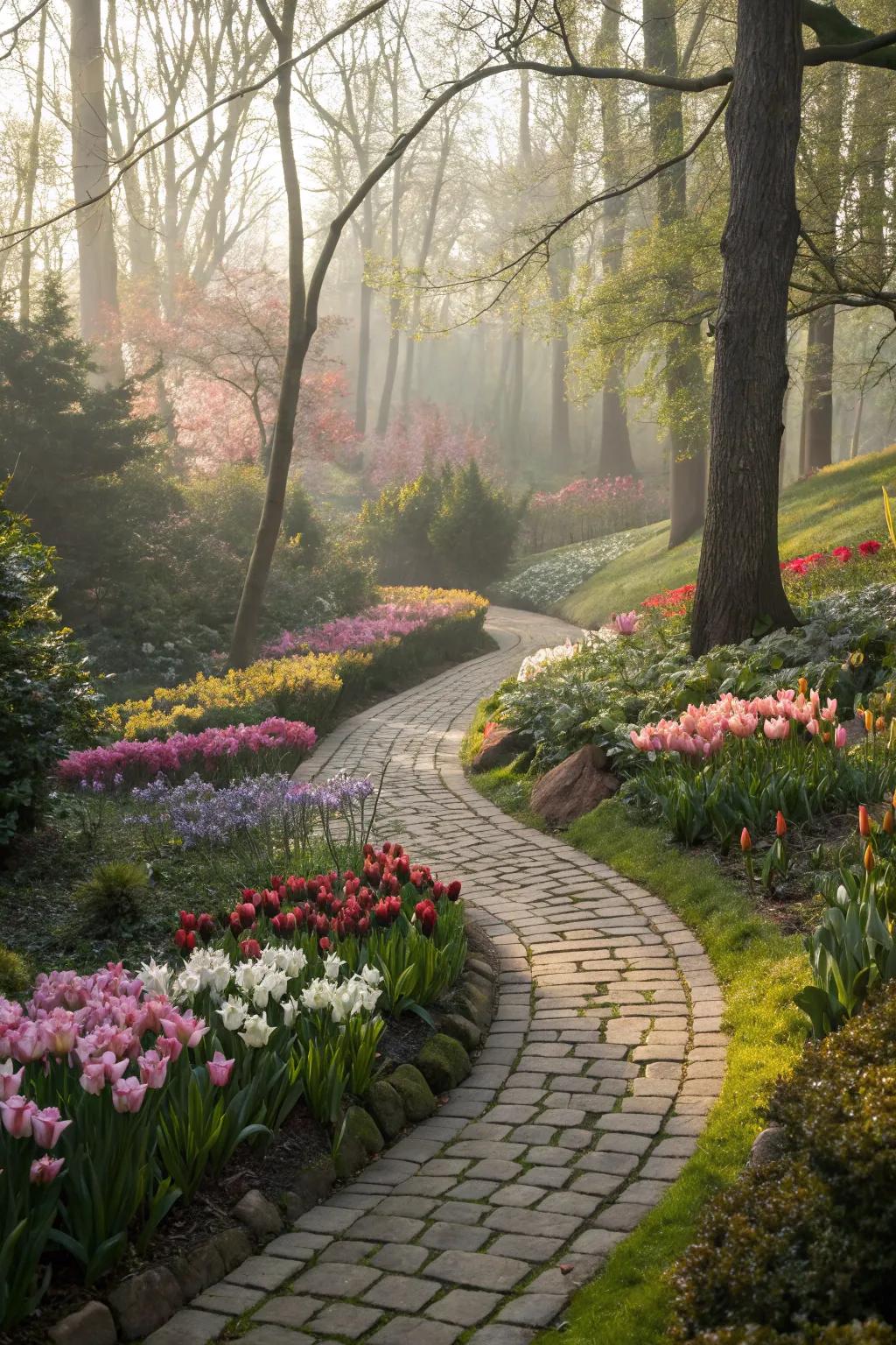 Countryside stone pathways leading through a floral haven.