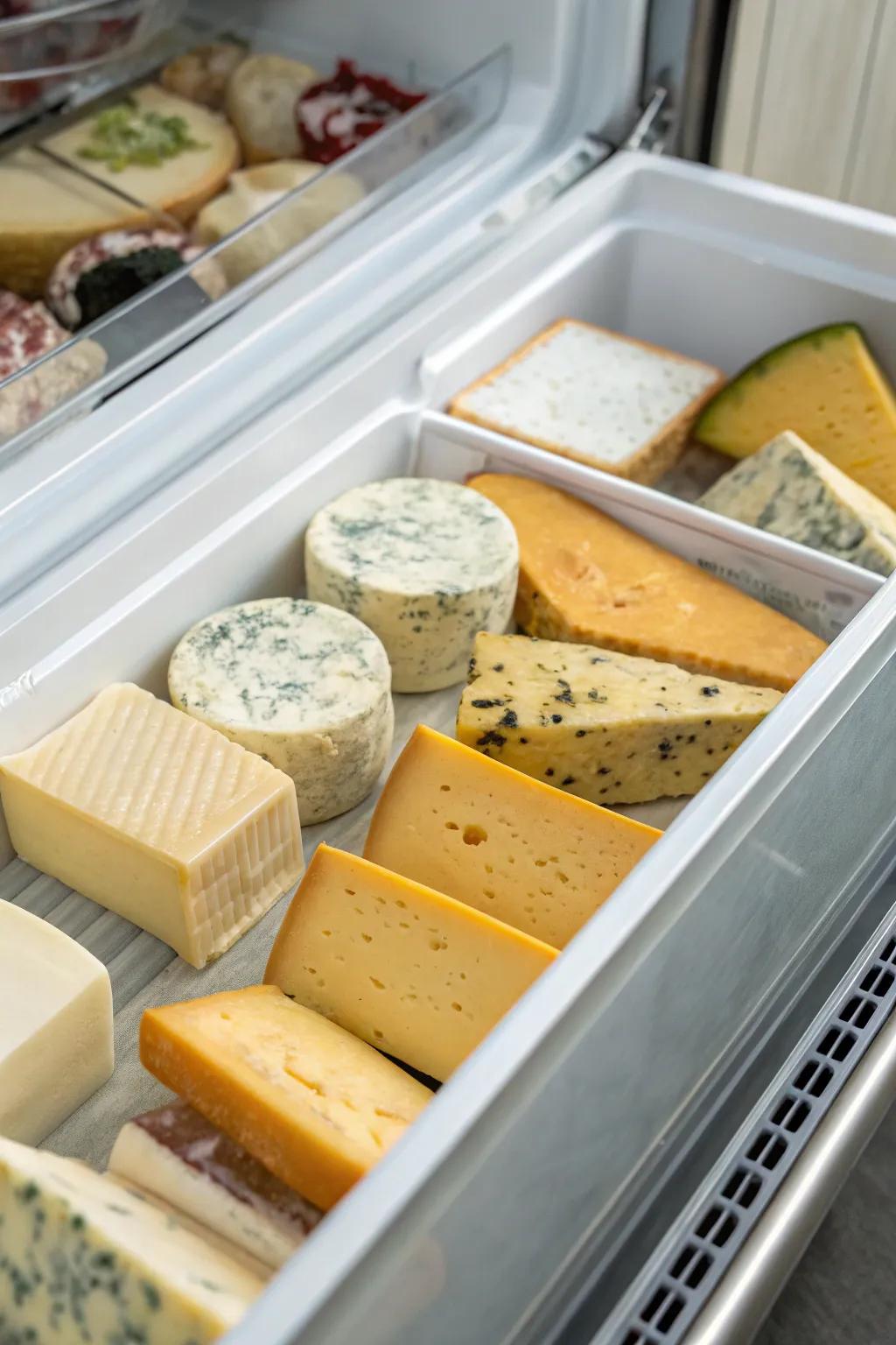A cheese drawer helps keep different cheese varieties organized and fresh.