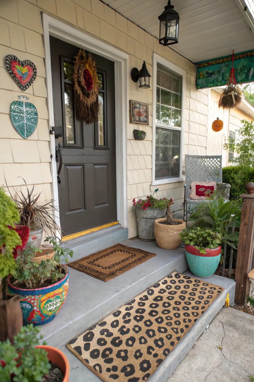 An animal print doormat adding a wild flair.