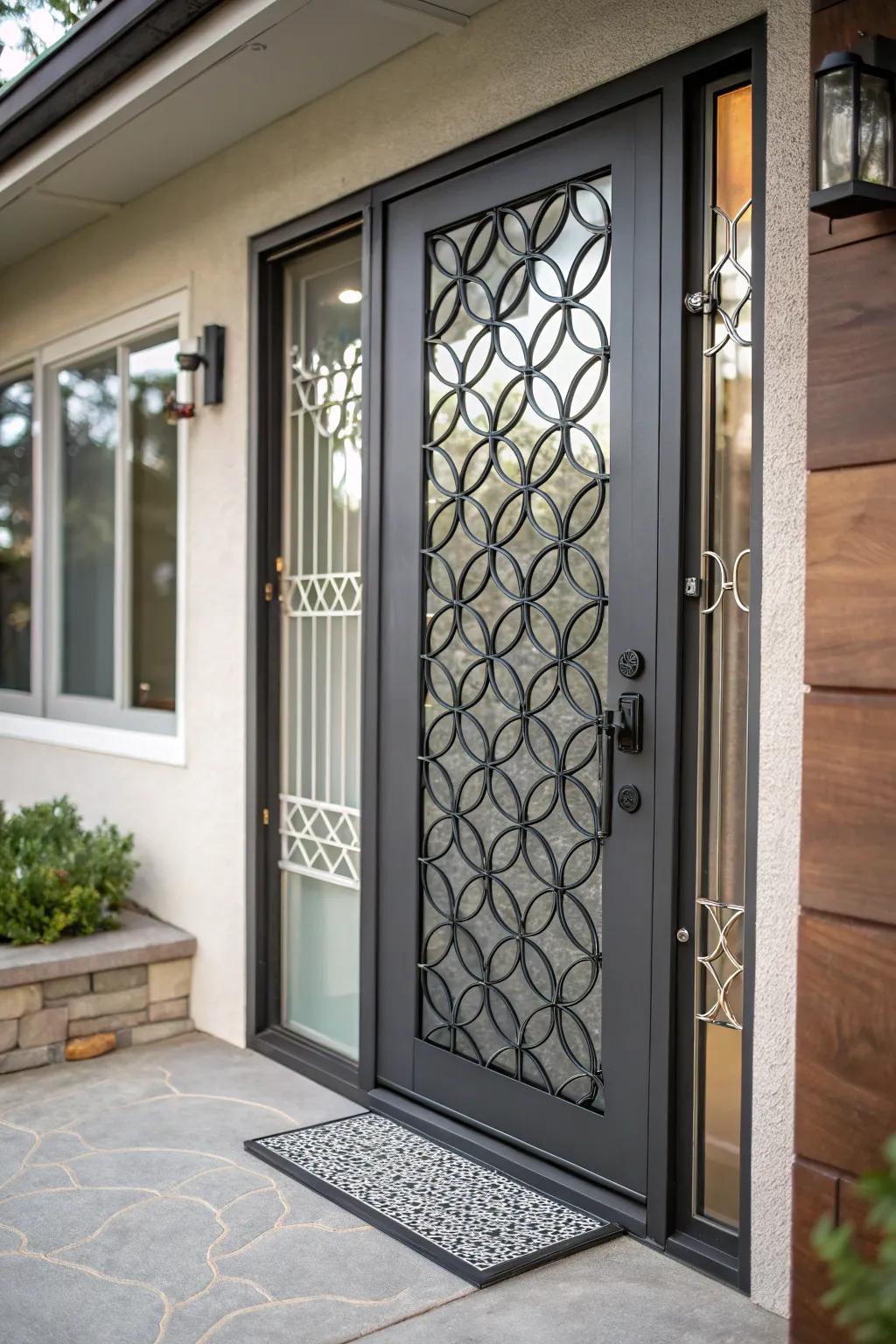 A front door featuring a stylish privacy grille for enhanced security and aesthetics.