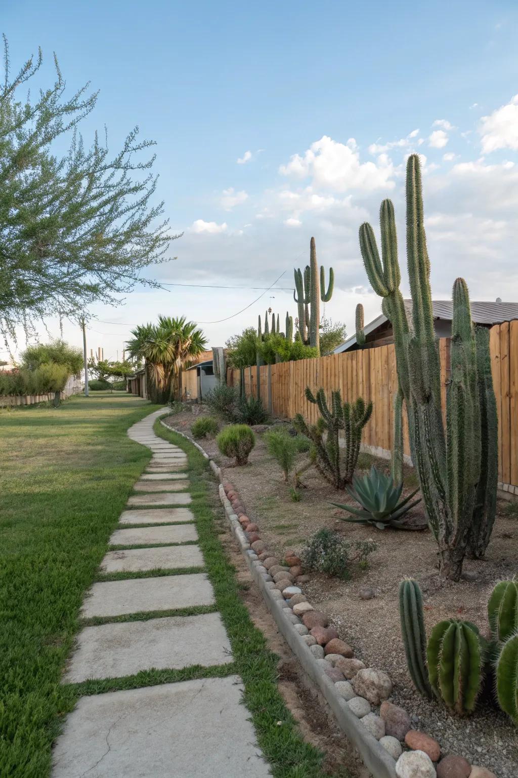 Cacti fashioning natural barricades along pathways.