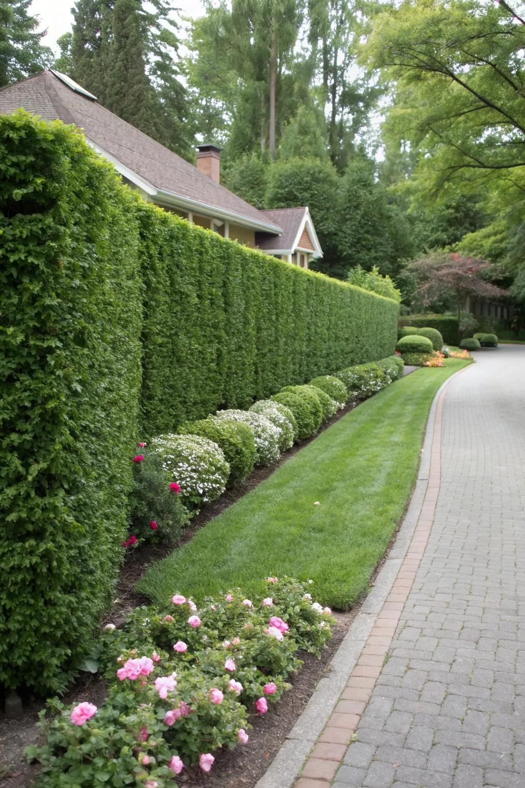 A living shrubbery boundary provides a lush, natural marker for this inviting entrance.