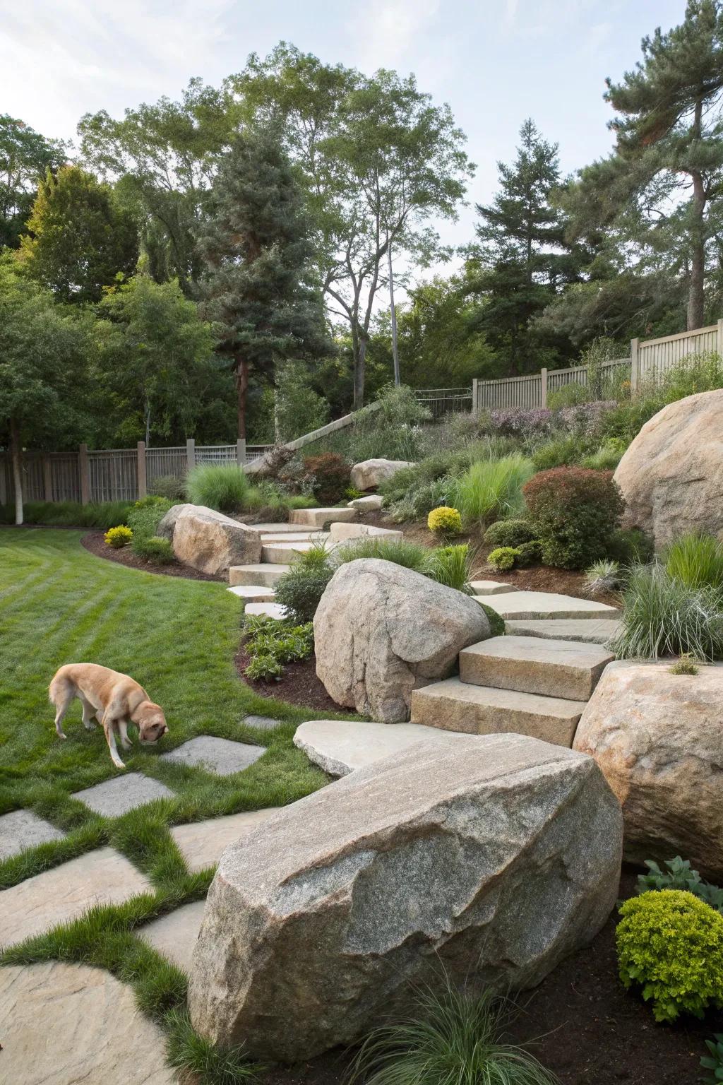 Stones elegantly define spaces, creating a safe play area for pets.