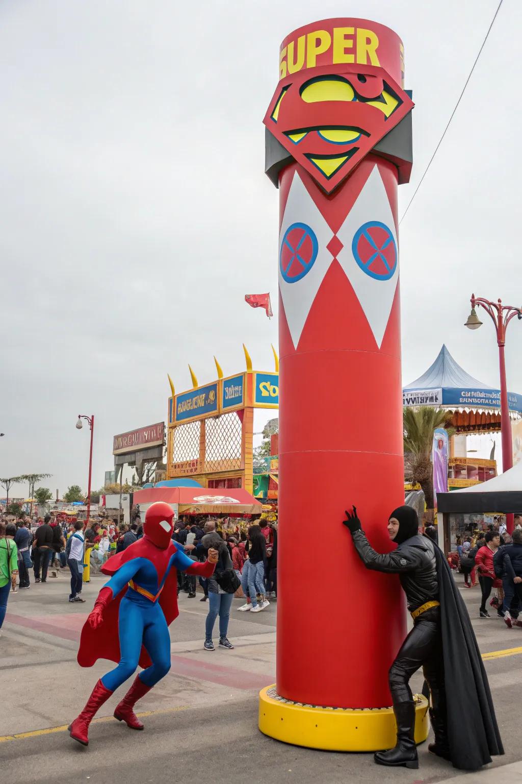 Totems featuring legendary figures empower and unite enthusiasts in the festival crowd.