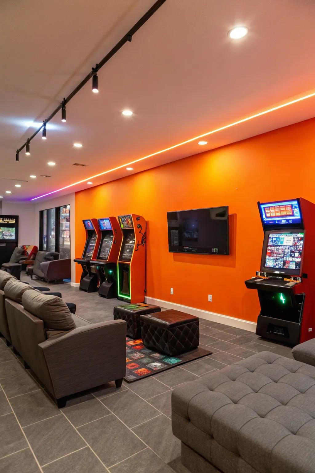 Live ember accent wall sparks and energizes the game room.