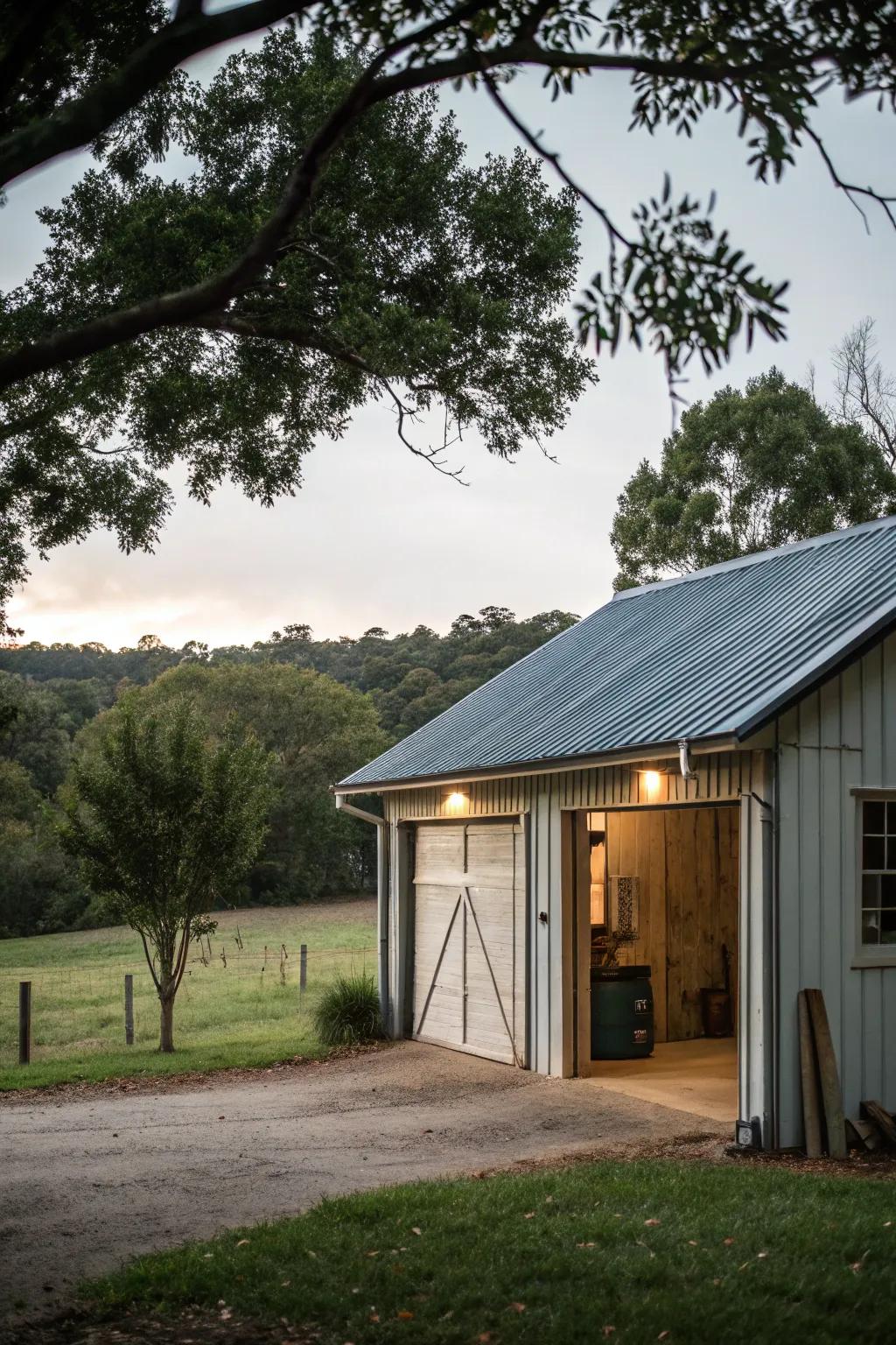 A rustic steel roof addition adds vintage charm to the garage.