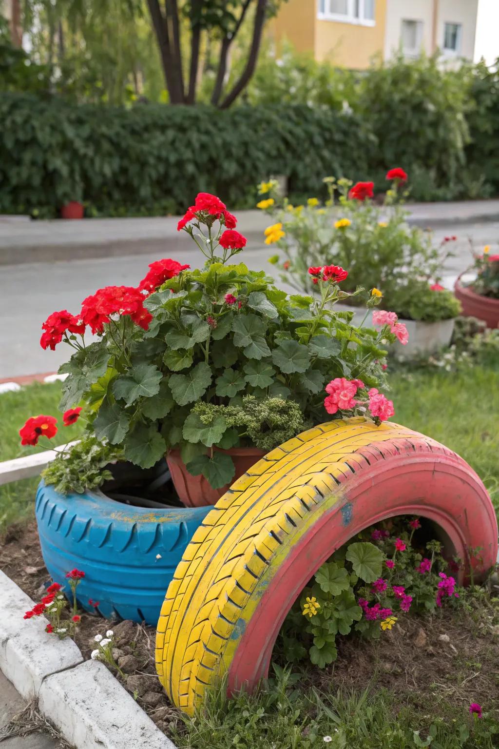 A creatively reinvented ring, bringing a splash of color and playfulness as a geranium planter.