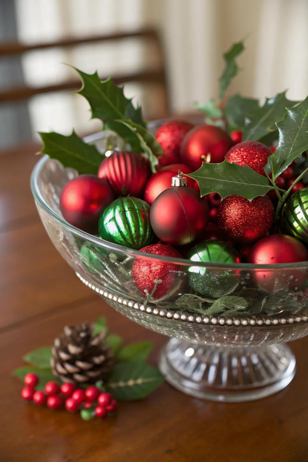 A quintessential scarlet and verdant Yuletide presentation housed within a crystalline bowl.