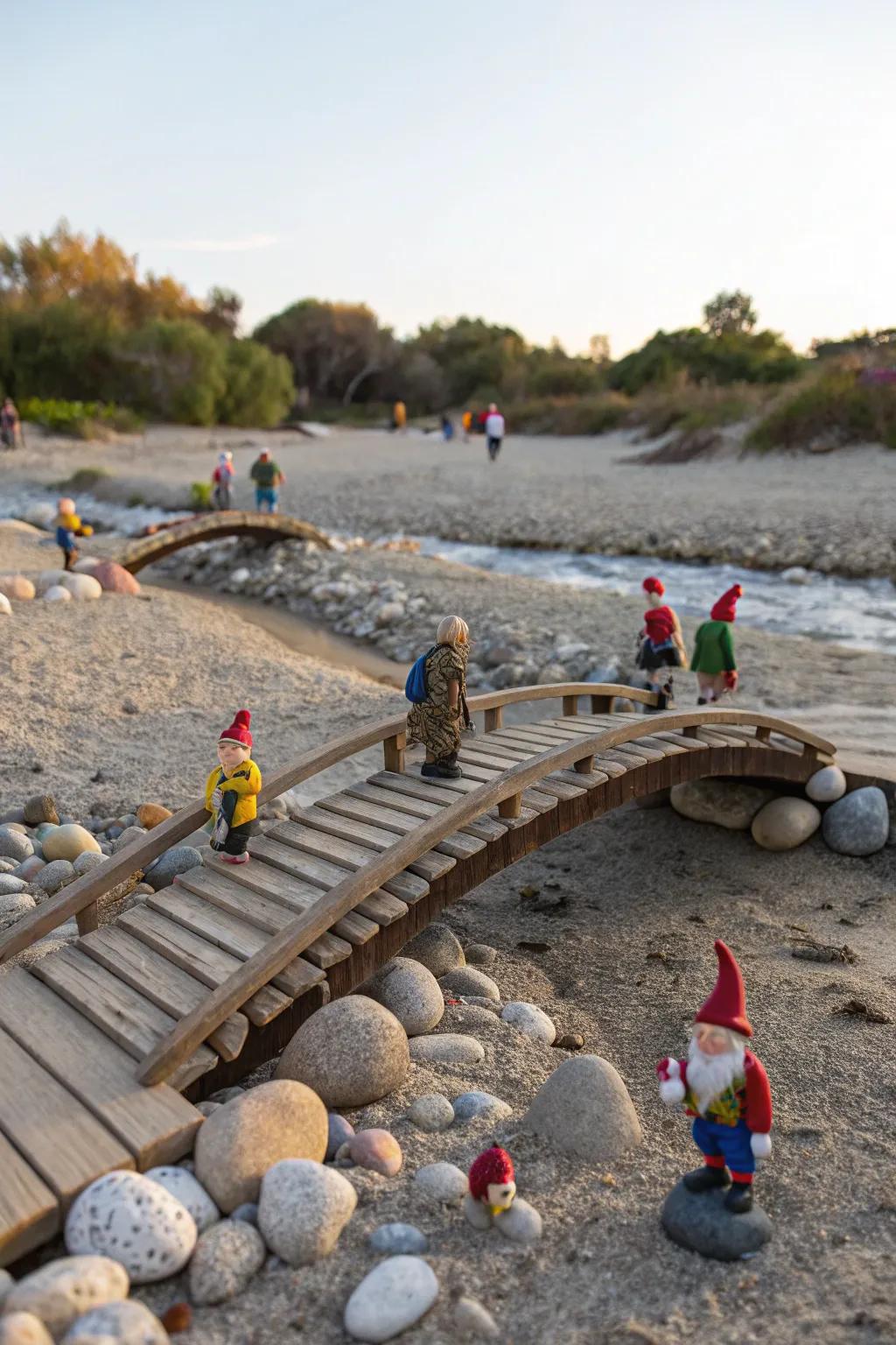 A charming gnome bridge crossing adds dimension to the garden.