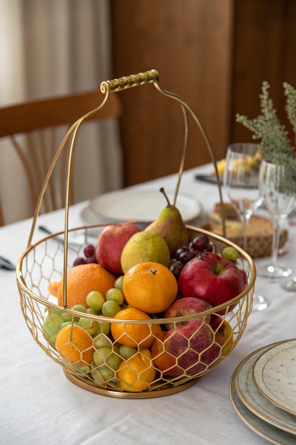 Vibrant gilded wire container centerpiece presenting seasonal fruits.