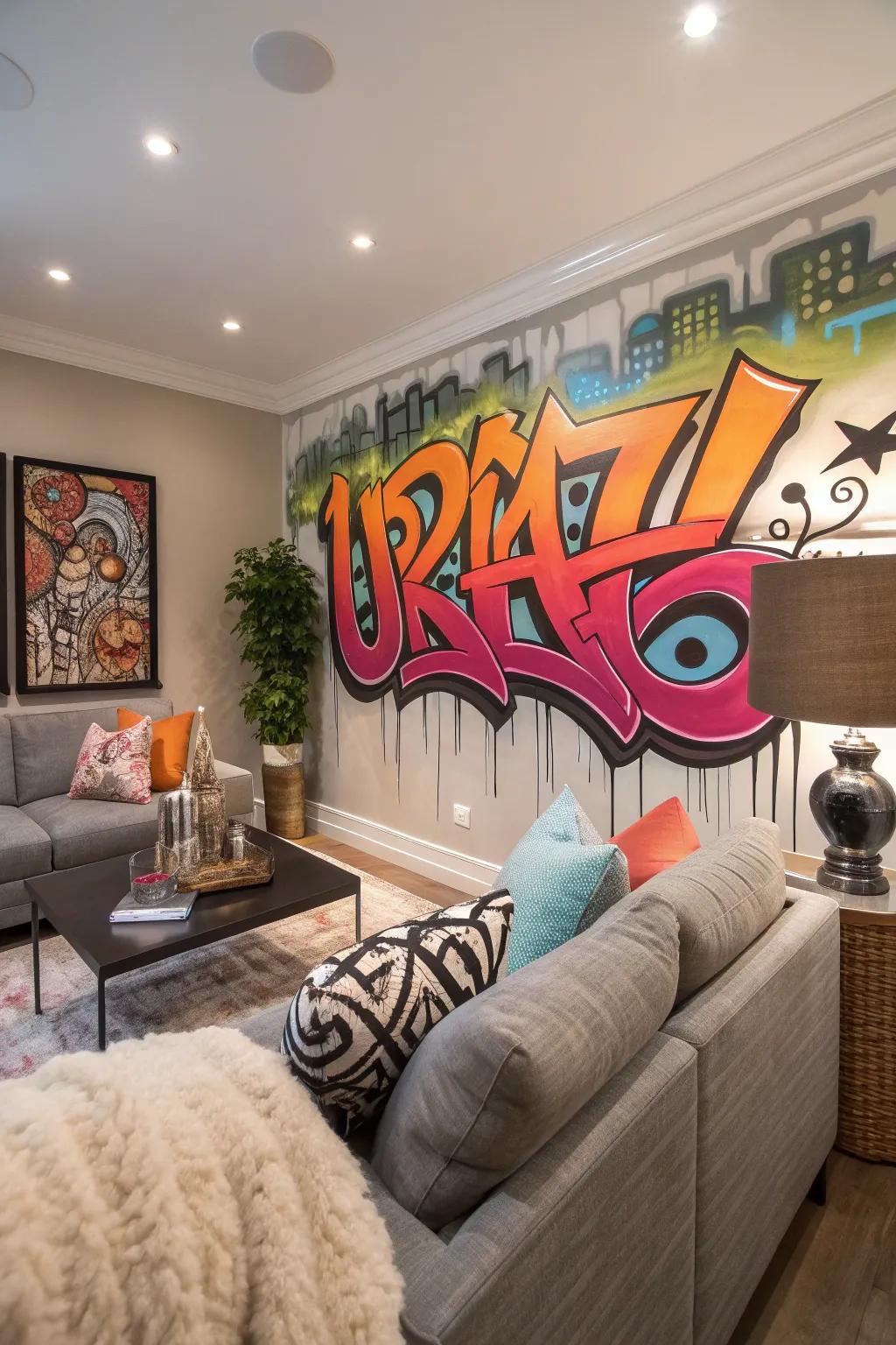 Custom graffiti turning a living room into a personal gallery