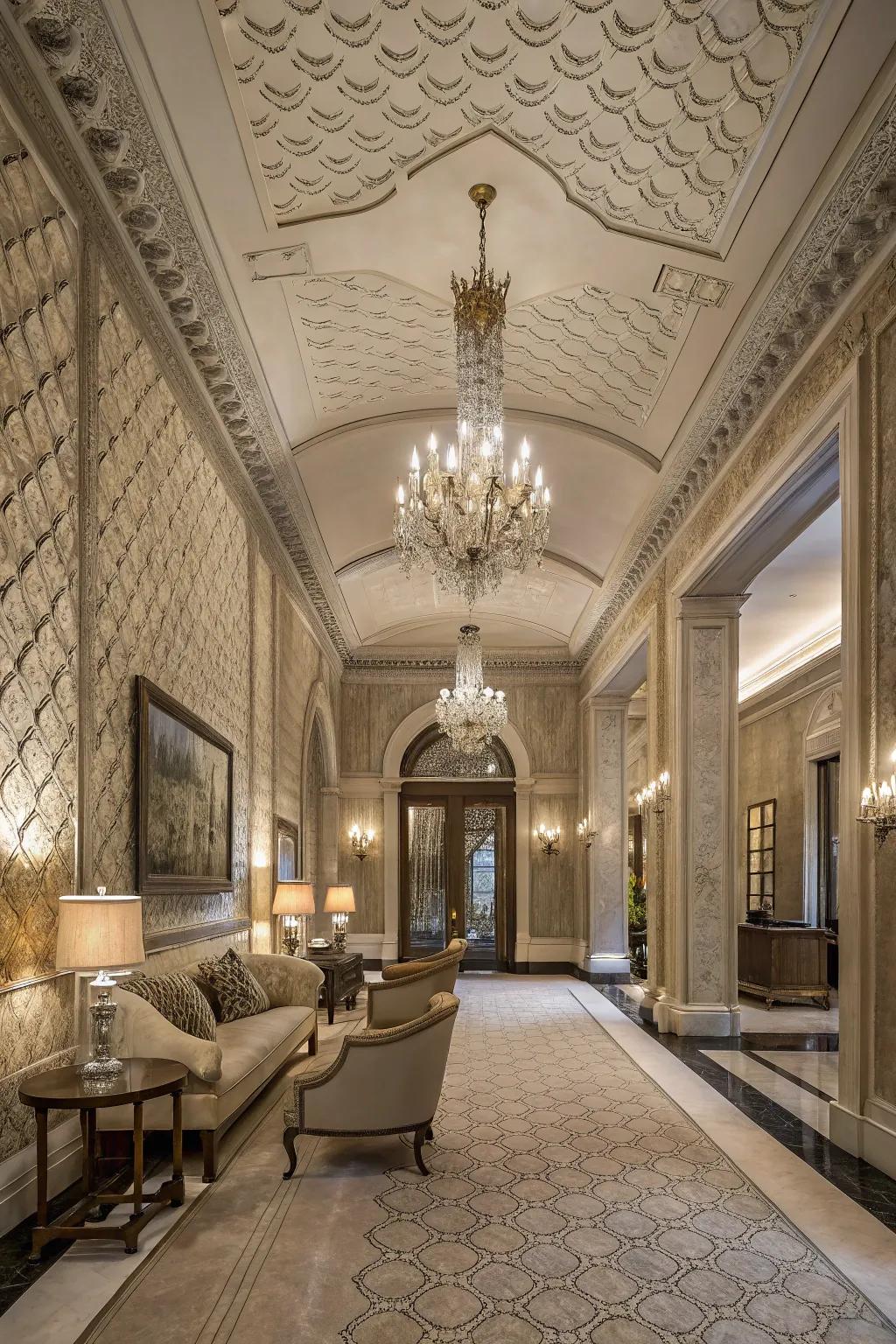 Textural components inject richness and coziness into a grand foyer.