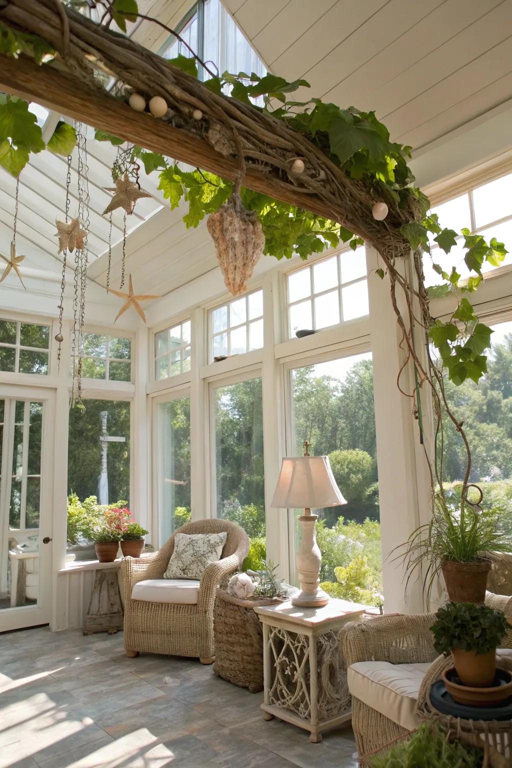 A coastal-inspired grapevine swag introduces peacefulness to a sunroom.
