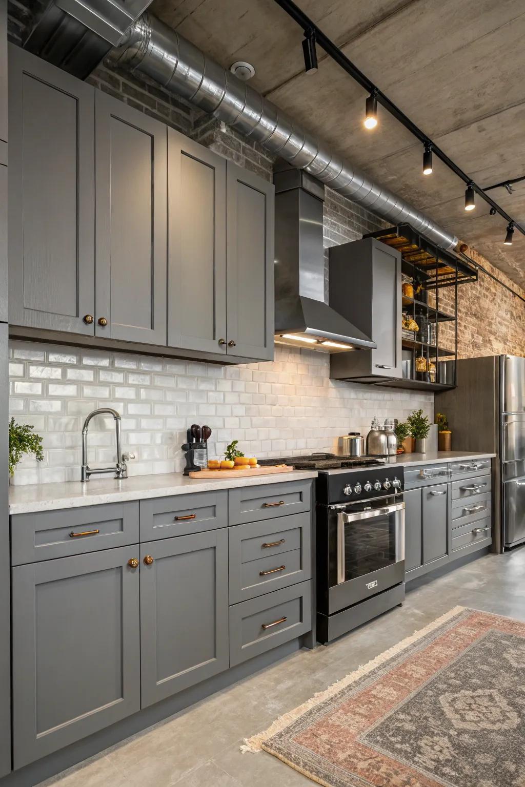 Industrial accents boost unique design to gray kitchen cabinets.