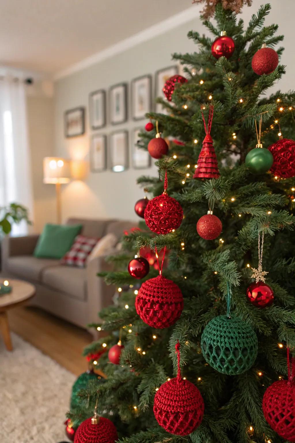 A personalized Christmas tree with handmade red and green decorations.