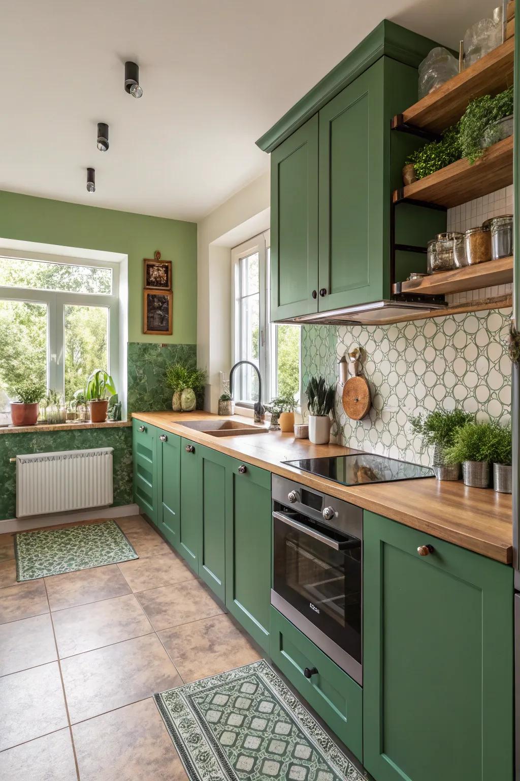 A green emphasized wall composing a lively setting within the kitchen.